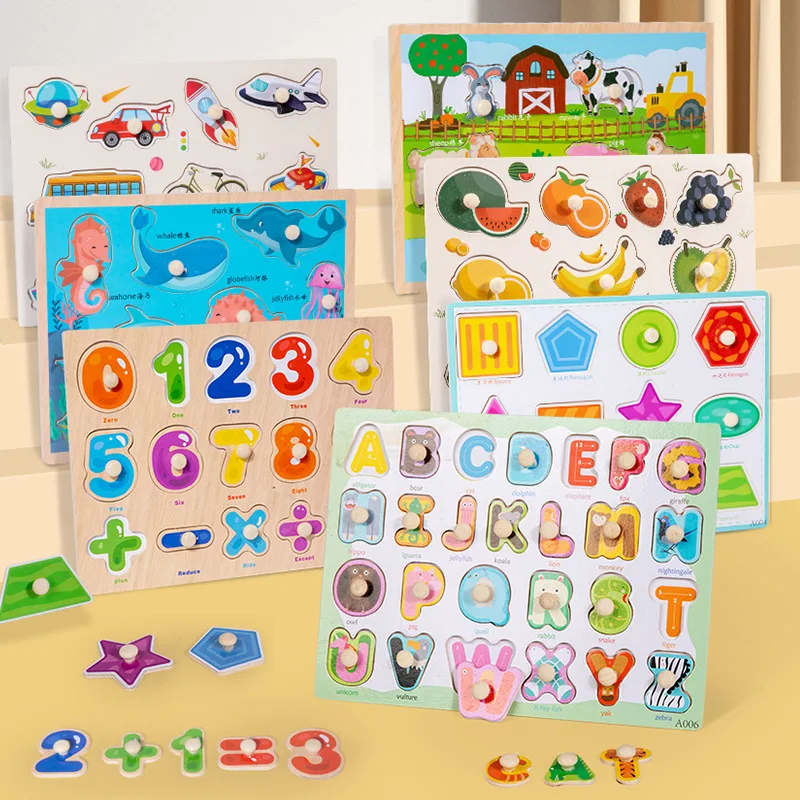 Montessori Wooden Puzzles Hand Grab Boards Toys Tangram Jigsaw Baby Educational Toys Cartoon Vehicle Animals Fruits 3D Puzzles