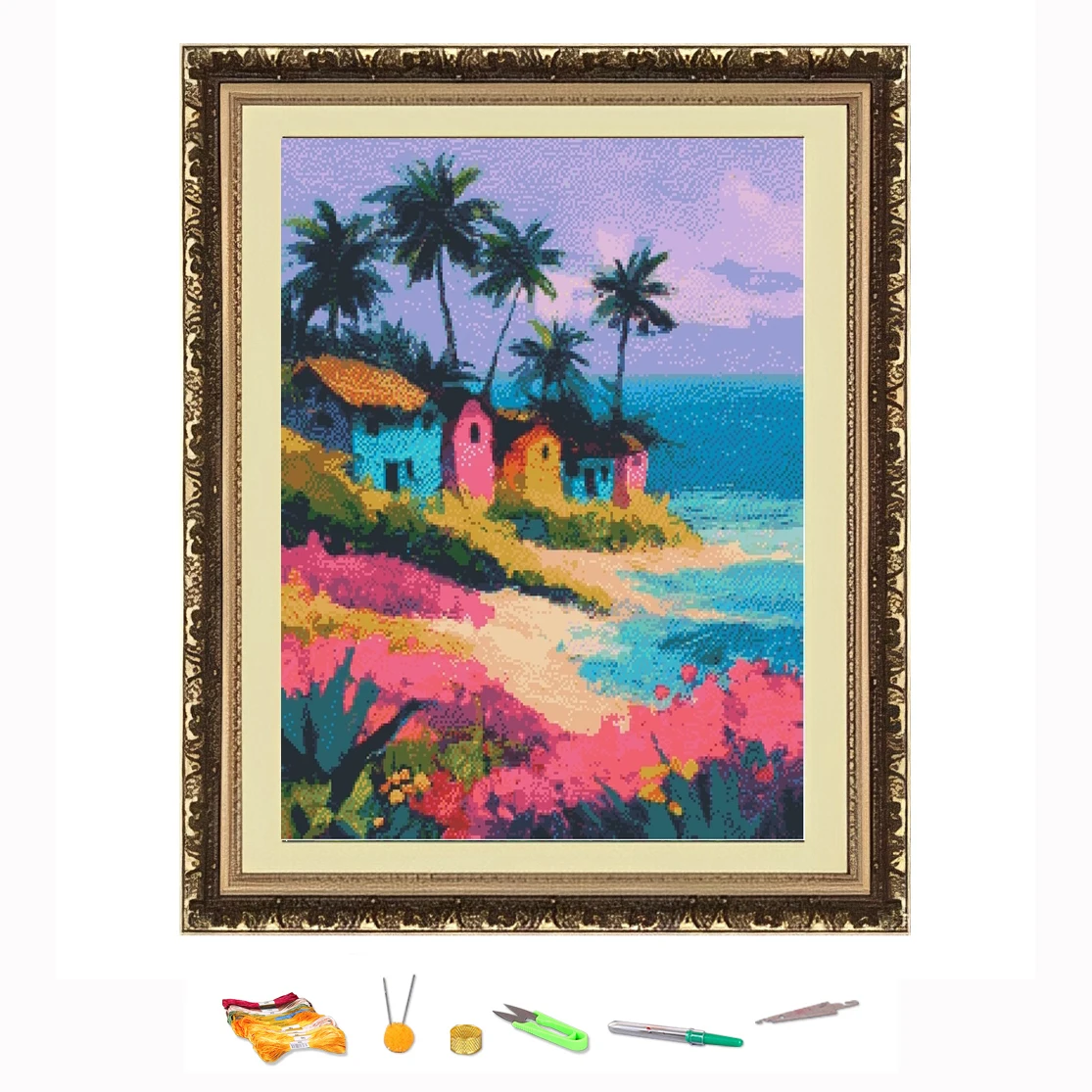 

Cross Stitch Embroidery Colorful houses by the sea Thread Drawing DIY Needlework Kit Decorate Printed on Canva 11CT