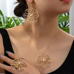 Jewelry Set For Women Hollow Flower Retro Temperament Necklace Stud Earrings Ring Holiday Party Gift Fashion Accessories CS021