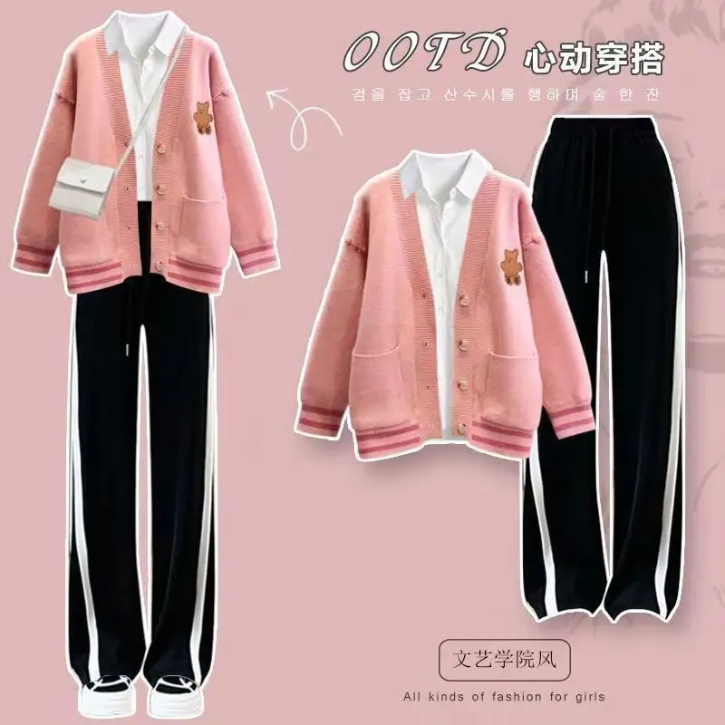 Autumn and Winter Fashion Set Female Student Salt Series Cardigan Coat+Shirt+Cowboy Wide Leg Pants 3-Piece Set