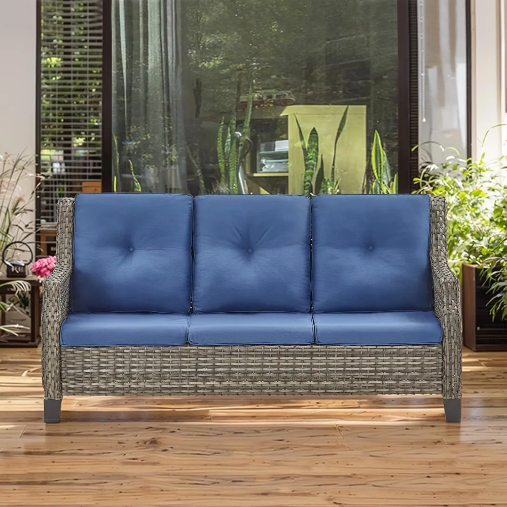 فناء أريكة الأريكة في الهواء الطلق أريكة الخوص PE الروطان 3-مقعد الأريكة مع منحني Armest وسائد مقاومة للماء لشرفة الحديقة #6