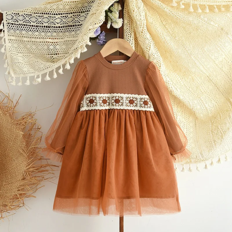 

Spring and Autumn New Girls' Dress Round Neck Waist Lace Patchwork Mesh Long Sleeve Princess Dress