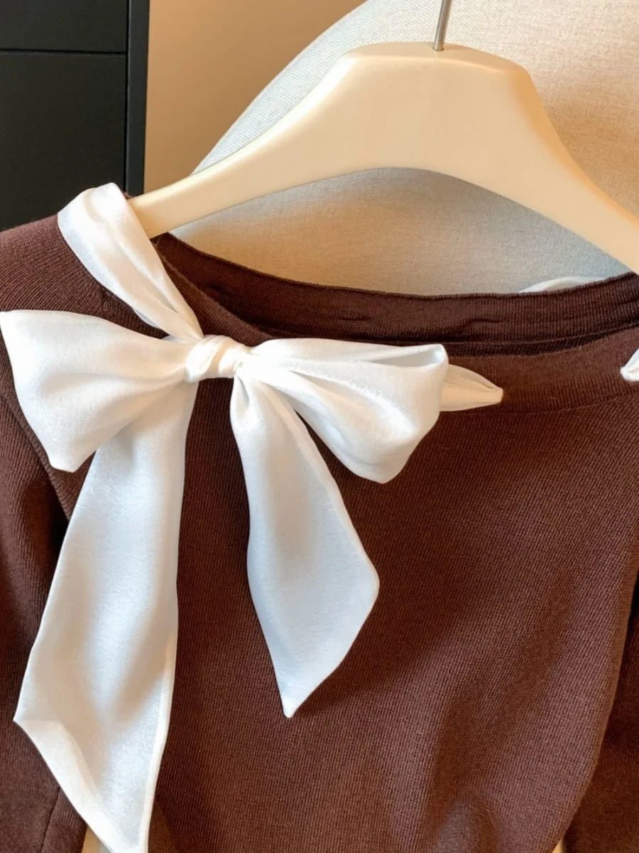 Nó amarrado longo sve malha arco feminino fino ajuste superior dstring cintura design início do outono faion sense irt