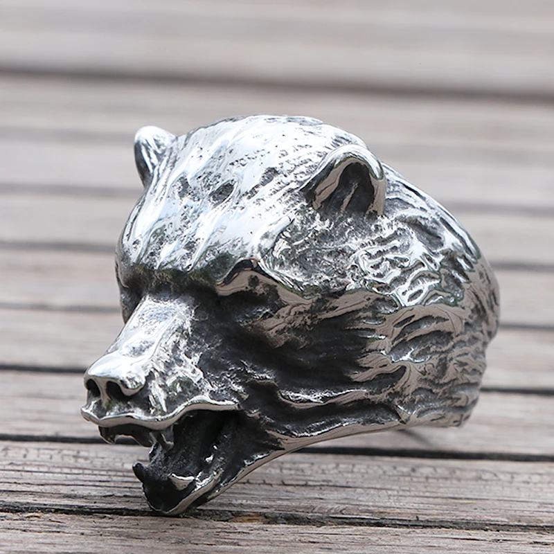 Cool Viking Bear Head Ring Men\'s Slavic Bear Berserk Stainless Steel Biker Rings Male Punk Animal Ring Nordic Amulet Jewelry