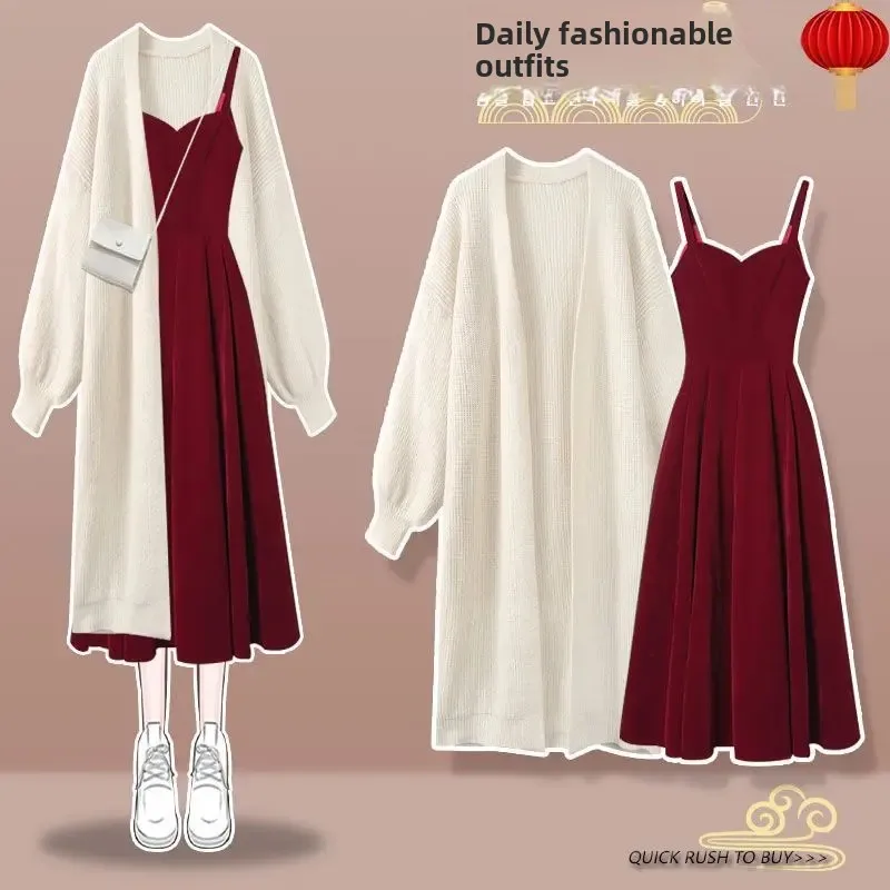 Plus Size Autumn Winter Set Women's Long Sweater Coat Elegant Slimming Red Strap Dress Two Piece Set Fashionable Comfortable