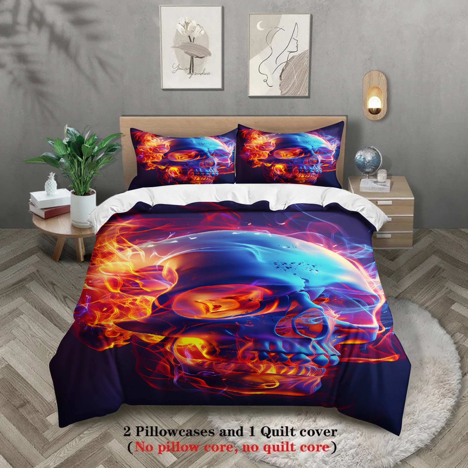 

3pcs Skull Bedding Sets 3D Printed Flame Pattern Anti-Slip Stain Resistant Duvet Cover Sets With Pillowcases No Filling