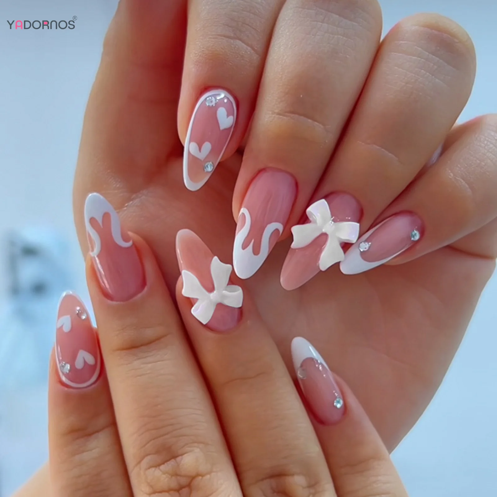 핑크 아몬드 프레스 네일, 프랑스 스타일, 3D 나비 매듭, 가짜 네일 팁, 광택 다이아몬드 디자인, 24 개