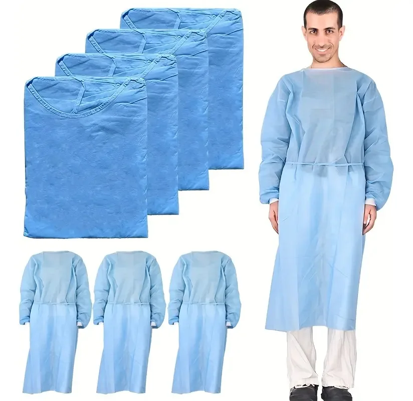 

4 шт. синих нетканых халатов с эластичными манжетами и поясом, идеально подходят для уборки дома, садоводства, покраски, производства.