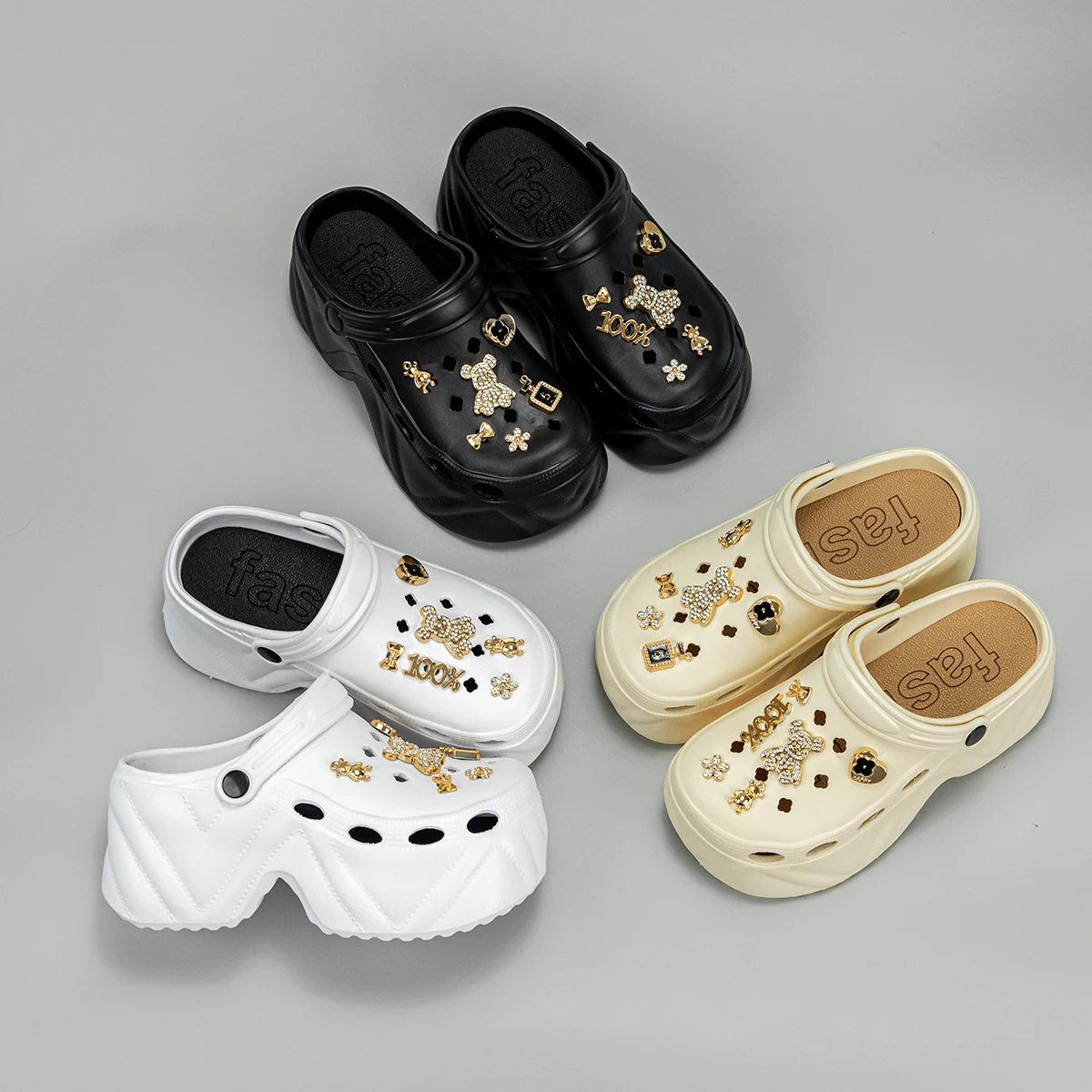 New Fashionable Gold Diamond Bear High Heel Imitation Leather Pattern Clogs X8809 image 6