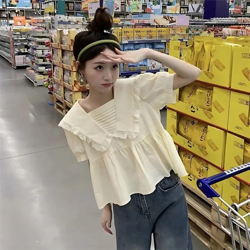 

Short Sleeve Shirts Womens Harajuku Mesh Splicing Pintuck Bat Trendy Artistic Urban Student Youthful Style Chic Statement