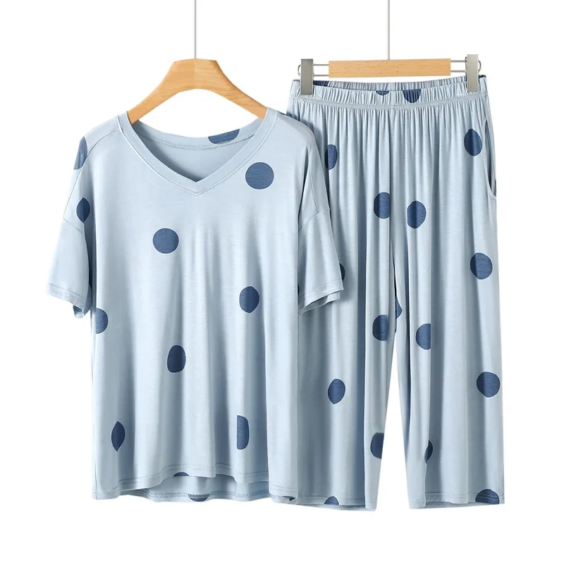 Modal Pajamas Women\'s 2023 Summer Short Sleeve Sleepwear Soft V-Neck Loungewear Pjs L-XXL Loose Size Dot Print Pyjama Set