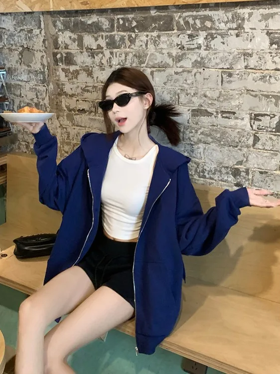 

Женская толстовка-кардиган оверсайз в корейском стиле, осенняя новинка, свободный крой, с двойной молнией, высокая талия