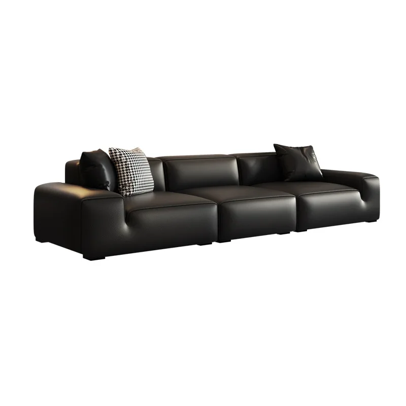 

Big black cow leather sofa, modern simple living room straight row, double triple sofa combination