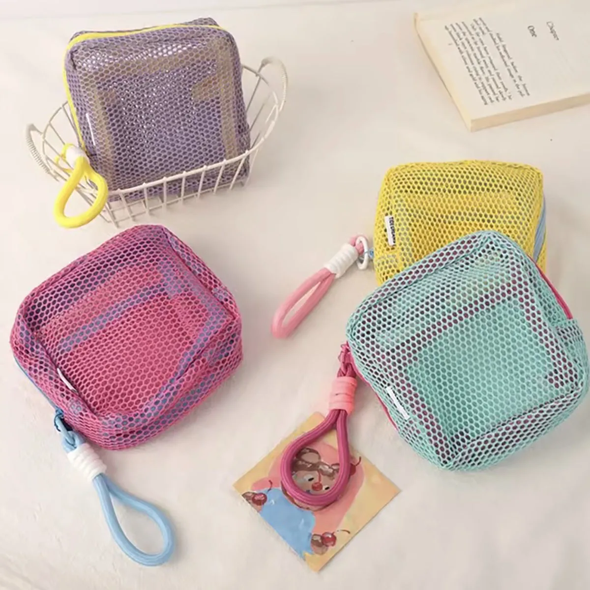 Quadratische Mesh-Aufbewahrungstasche, Mini-Geldbörse mit Reißverschluss, Mini-Kulturbeutel, Schreibwarenetui, kleine Kapazität, Schlüsseltaschen, transparente Kosmetiktasche