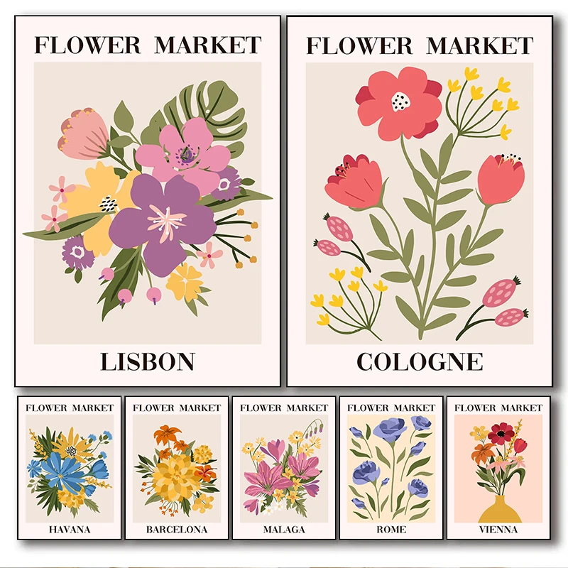 Affiche d'exposition moderne style bohème abstrait représentant un marché aux fleurs urbain, peinture diamant, tableau mural décoratif pour la maison
