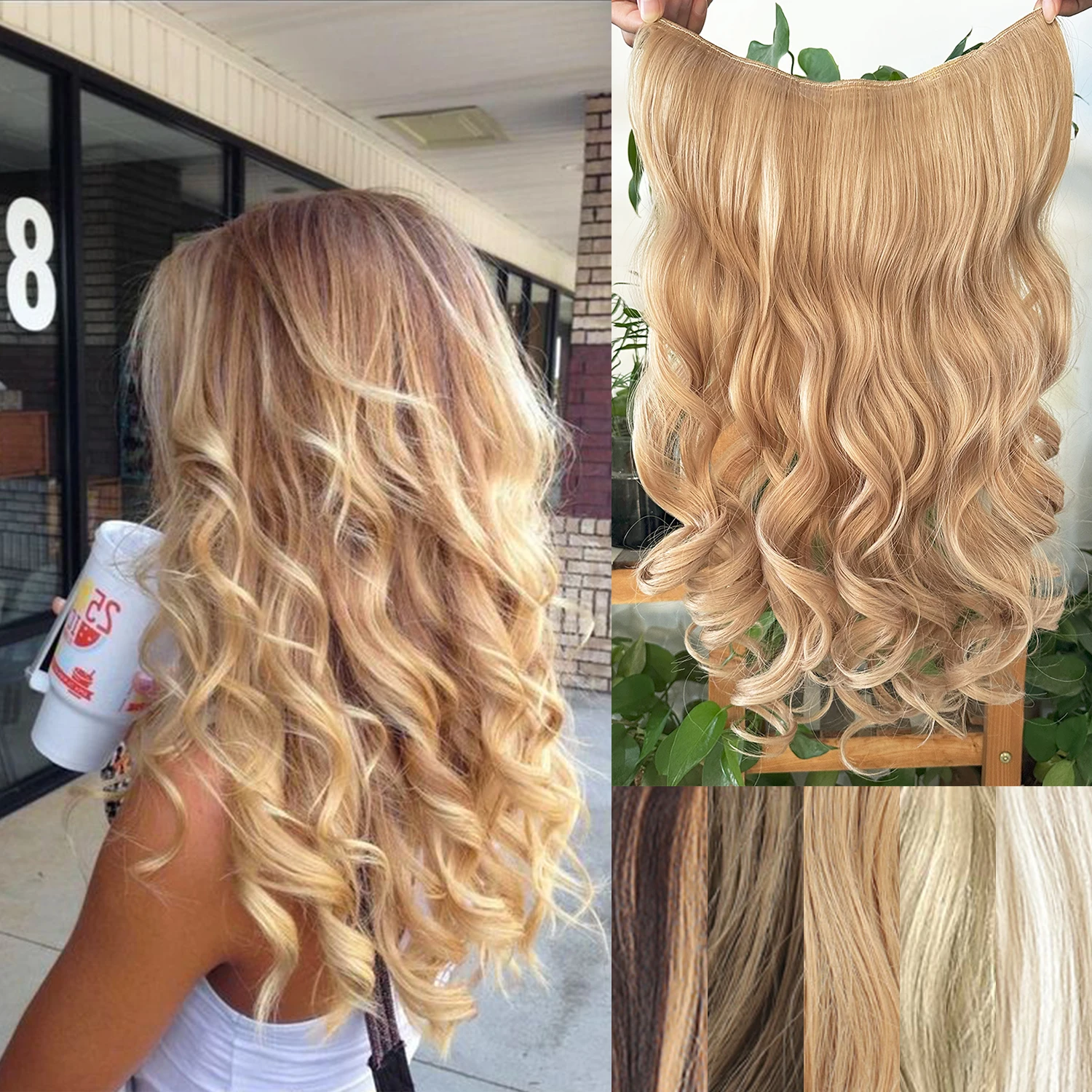 

Synthetic 22Inch U-Shaped 10 Clips Curly Hair Extensions One Piece Fake Hairpiece Black Blonde Hair Suitable for Women Daily Use