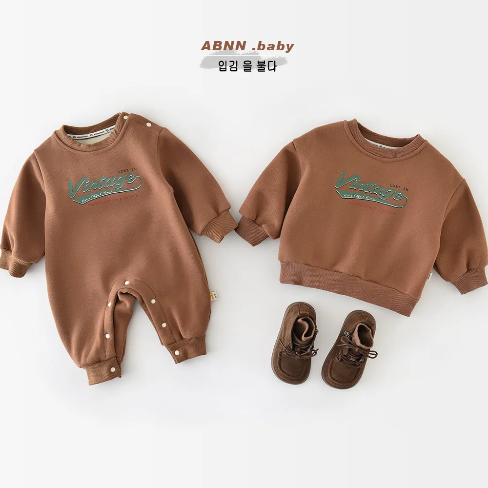 Korean Autumn Winter Baby Boys Jumpsuit Letter Printed Plus Velvet Cotton Infant Boys Rompers Toddler Boys Fleece Pullovers