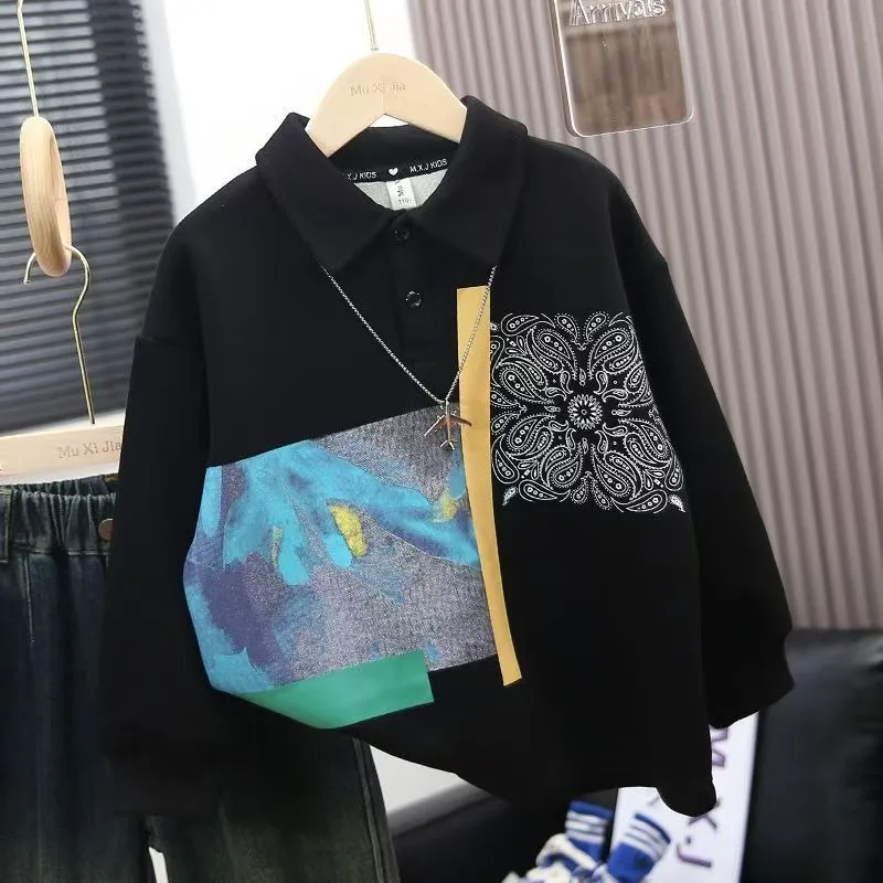 

Новинка весны/осени 20%, повседневная многослойная верхняя одежда с воротником-поло для мальчиков среднего и большого размера без капюшона, модная детская толстовка