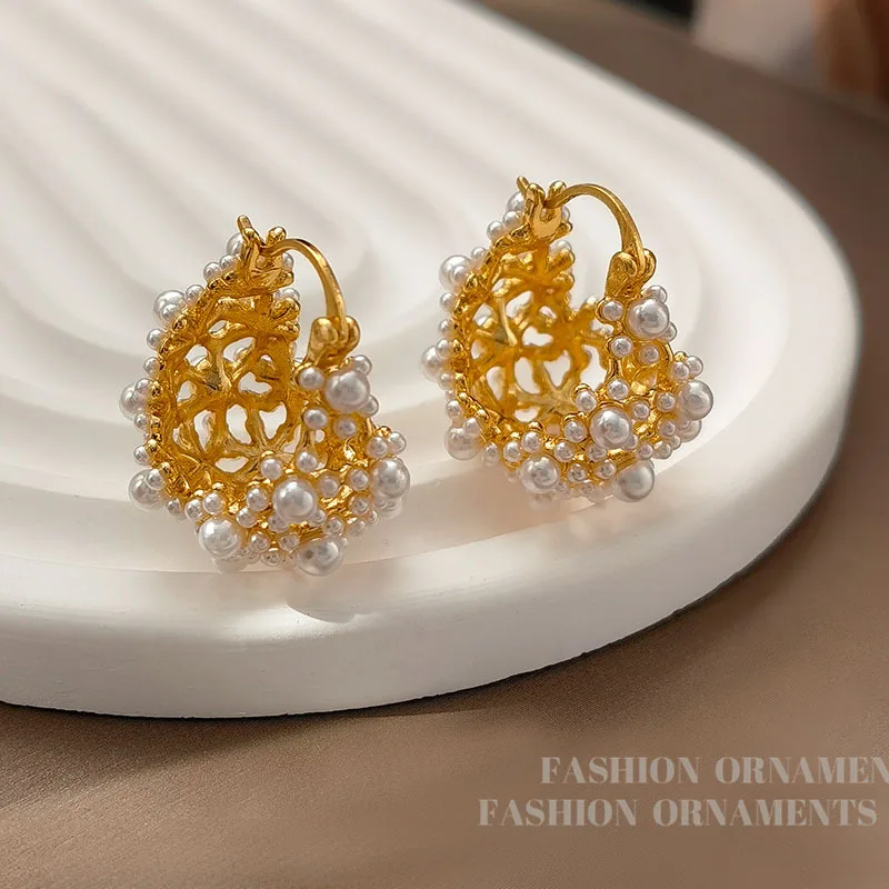 Fashion Jewelry Vintage Temperament Simulated Pearl Flower Basket Earrings For Women Female Gifts Delicate Design Accessories