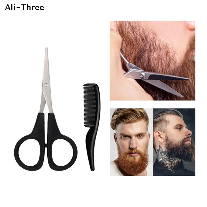 1Set Mens Beard Mustache Comb Nose Ear Scissors Trimming Kit Household Mini Beard Scissors Set