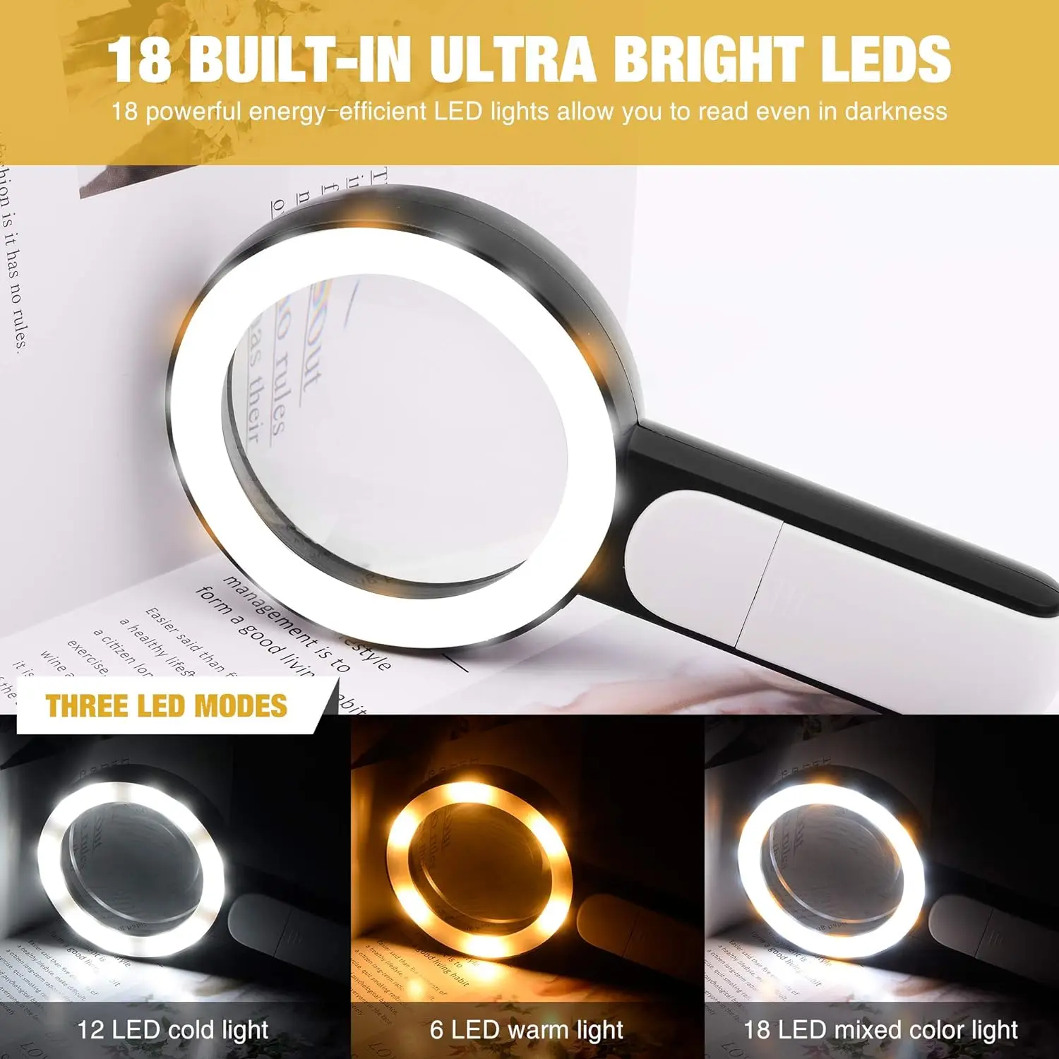 Magnifying Glass with Light 30x Handheld 18LED Illuminated Magnifier 85mm for Seniors Reading Inspection Coins Jewelry Exploring