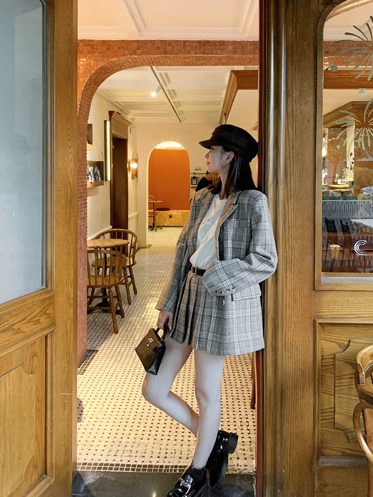 

Костюм в клетку: пиджак и юбка, женский осенний модный комплект, юбка-миди в стиле колледж, костюмный ансамбль