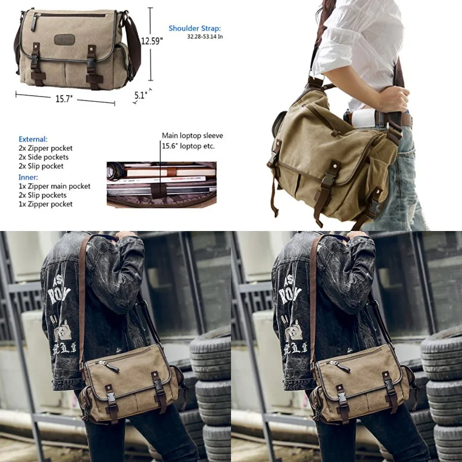 

Upgraded] Vintage Canvas Messenger Bag 13 15.6 Book Laptop Shoulder Bag Women Men New,X