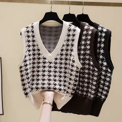 New women's clothing for autumn and winter V-neck outerwear vest stylish knitted houndstooth