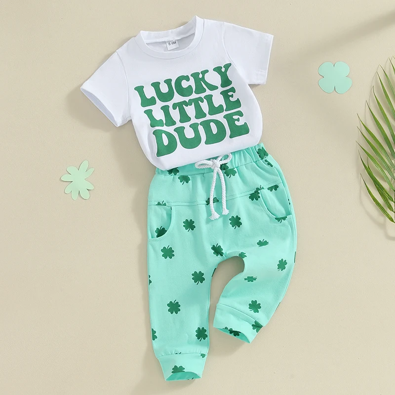 St Patricks Day Toddler Boy Girl Outfit Baby Irish Clothes Letter Print Short Sleeve T-Shirt with Shamrock Pant Set