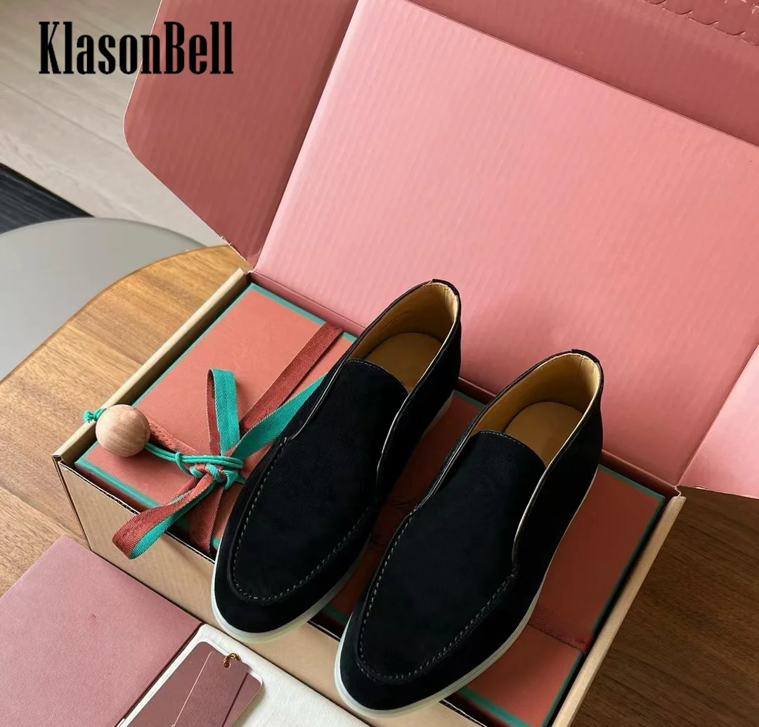 9.20 KlasonBell-Women Cow Suede Sneakers Sewing Round Toe Loafers Flat Sole Shoes Casual Genuine Leather Shoes