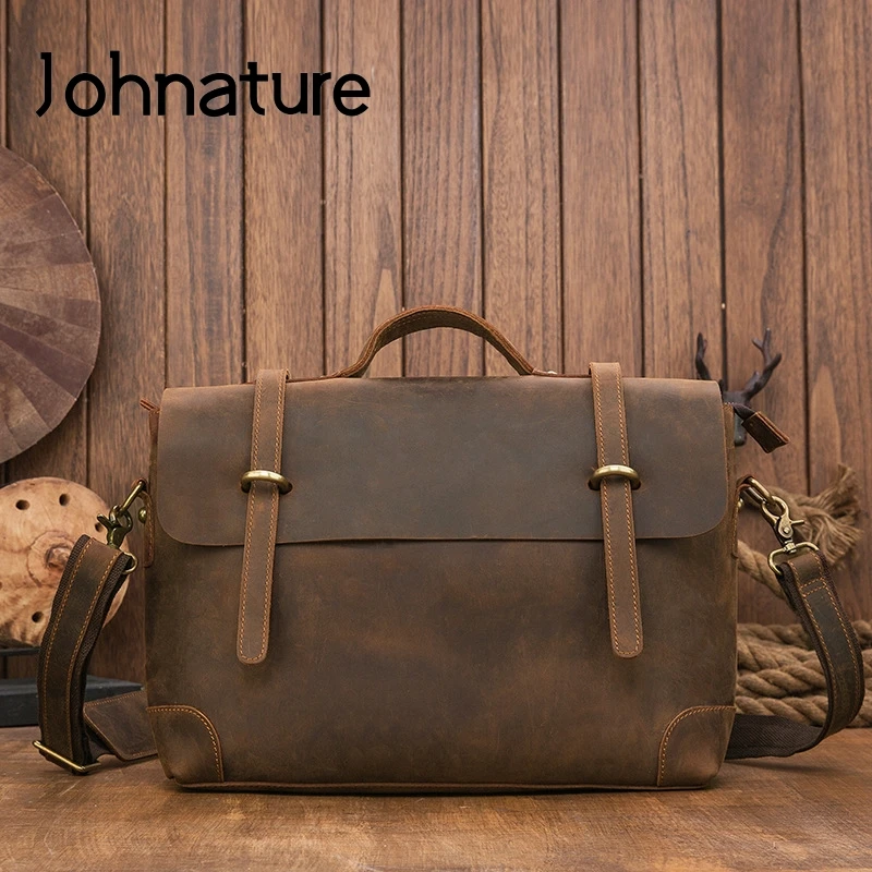 

Johnature Handmade First Layer Cow Leather Vintage Handbag 2024 New Crazy Horse Men Laptop Bag Business Shoulder Messenger Bag