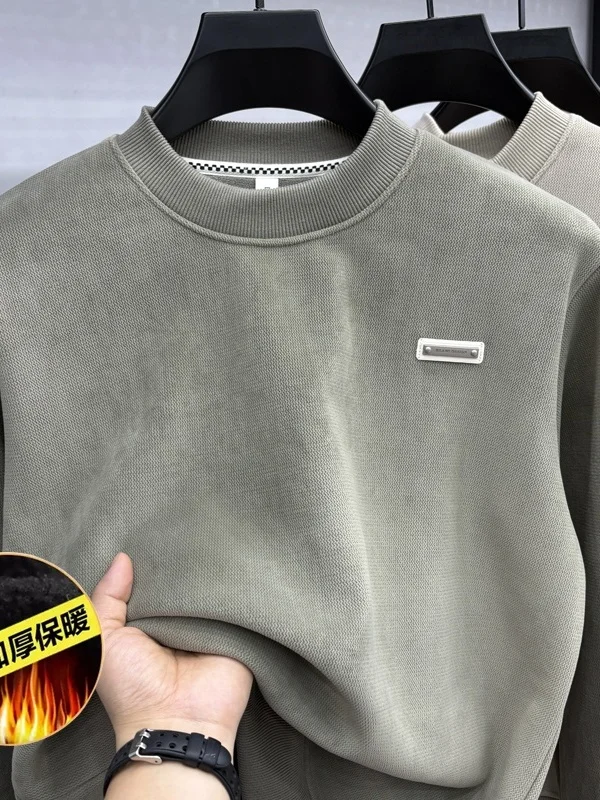 

2025 New Men's Fce Lined round Ne Knitwear Comfortable Polyester Fabric Casual Sle Long Sve Thermal Top Pure Color