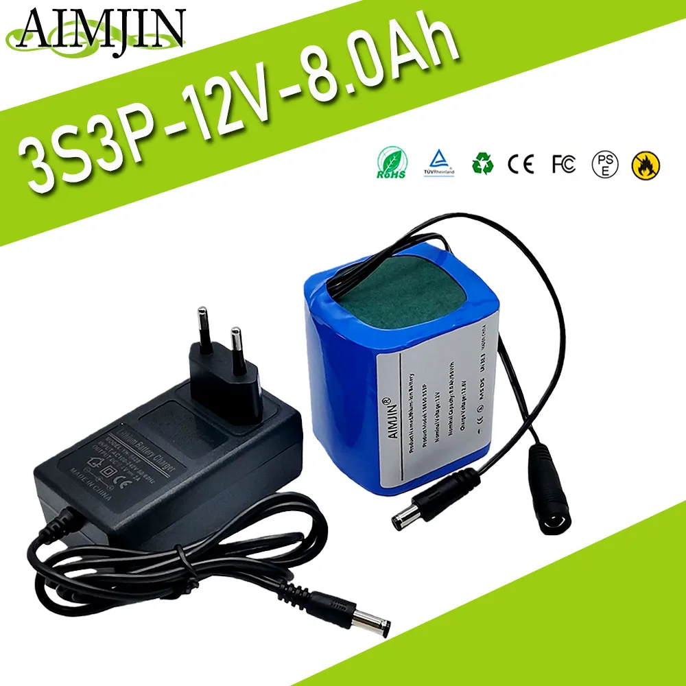 

8000mAh 12V 3S3P with BMS battery pack 18650 lithium-ion 12V ultra large capacity rechargeable battery+12.6V DC 2A charger