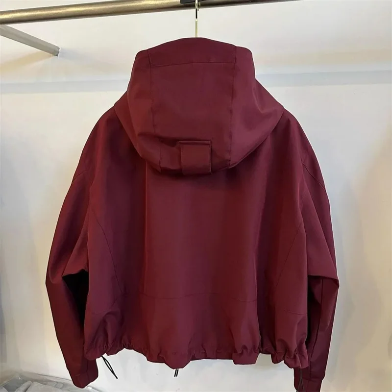 2026 Fashion Hooded Short Windbreaker  Jacket Women's Autumn Casual Zipper Hem Drawstring Loose Top Woman Outerwear Overcoat