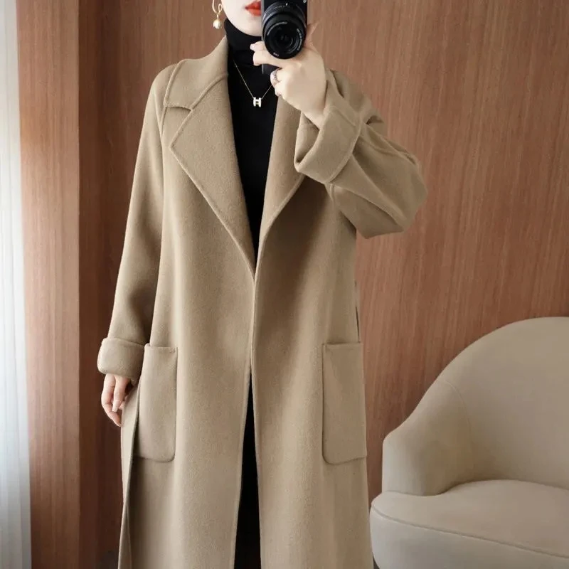 

2023 Autumn Winter New Double-Sided Tweed Jacket Women's Overcoat Long Korean Loose Belt Pocket Wool Windbreakers Woolen Coat