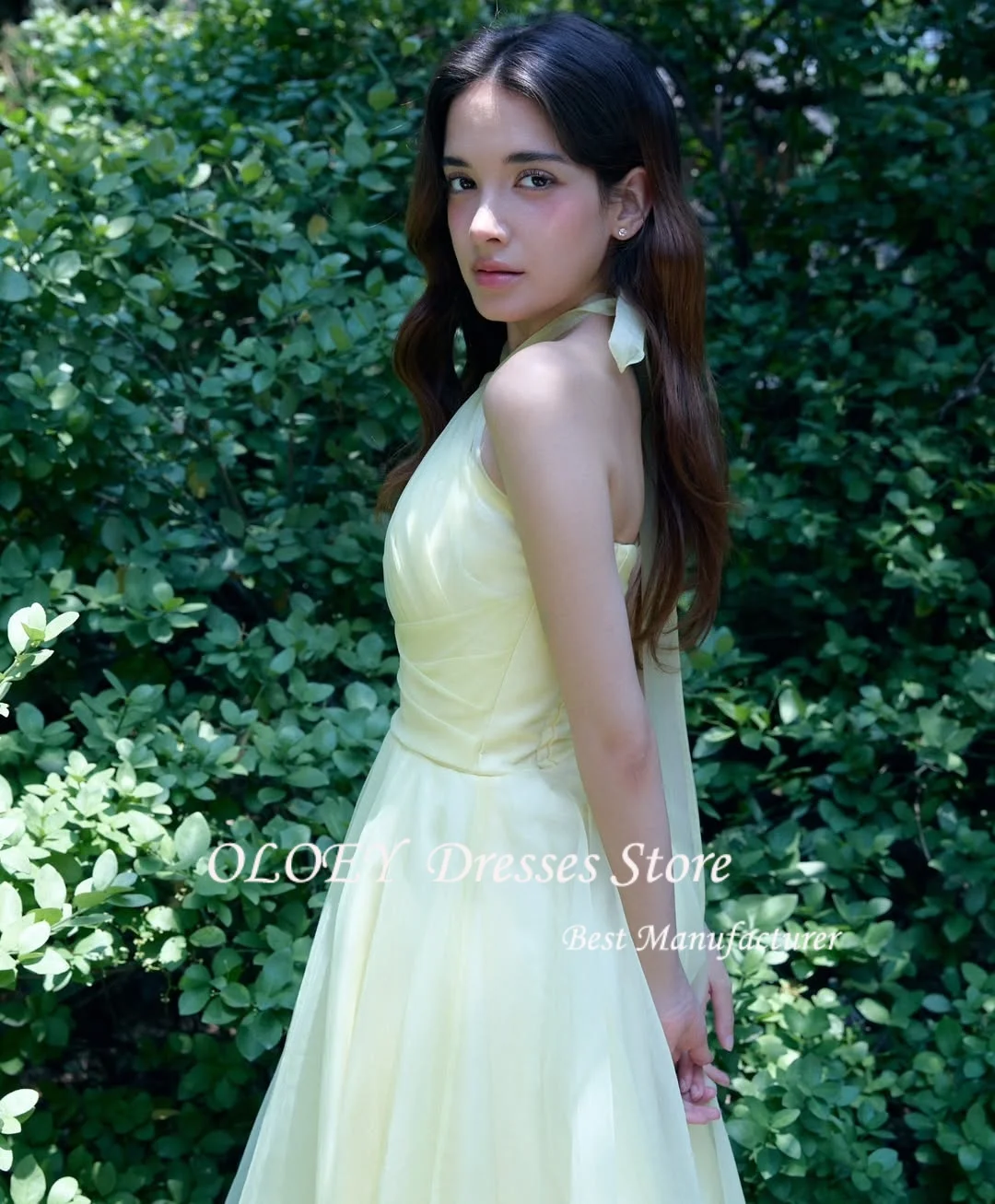 OLOEY Halter Neck Yellow Customized Organza Floor Length Ruched Simple Party Prom Gowns Formal vestidos de fiesta 웨딩드레스