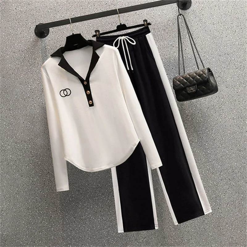 Conjunto de dos piezas de pantalones de pierna ancha para mujer, camisa de manga larga con cuello tipo POLO, estilo coreano Popular, elegante, para