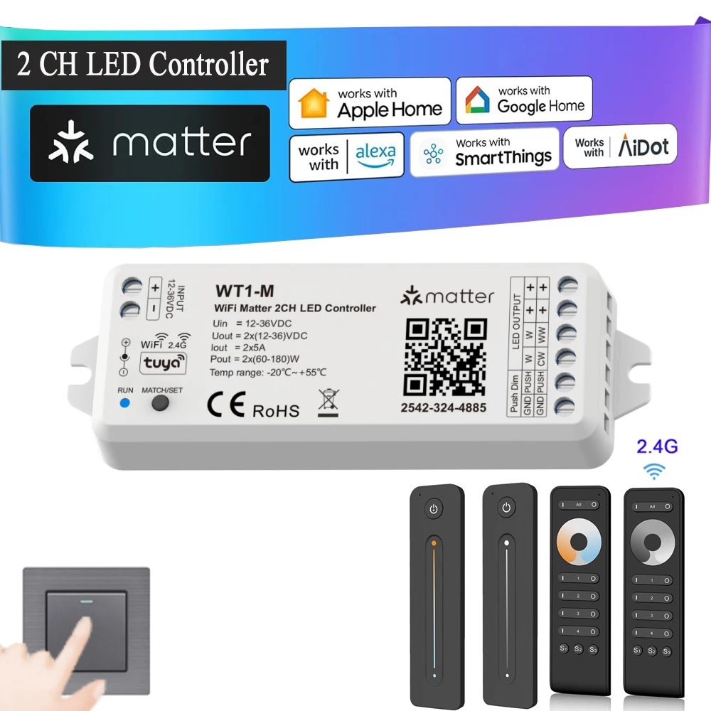 

WiFi Matter 2CH LED Controller Homekit APP Siri Voice Smart Control Dimmer DC12V 24V With Push Dimming 4 Zone RF 2.4G Remote Dim