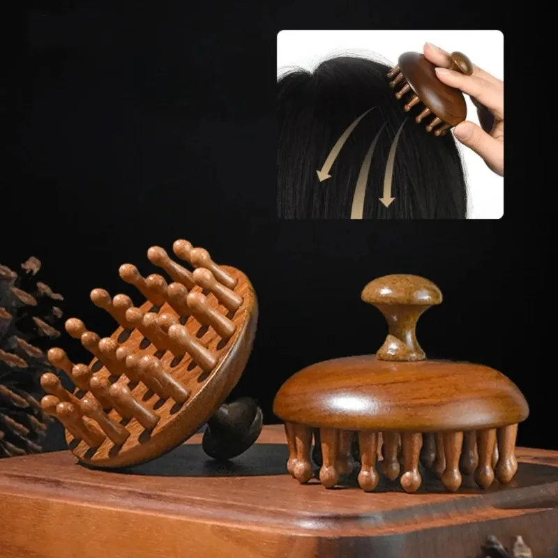 Sandalwood Massage Comb with Finger Ring Wooden Meridian Comb Full Body Scalp Massager Anti-Static Guasha Tool for Relaxation