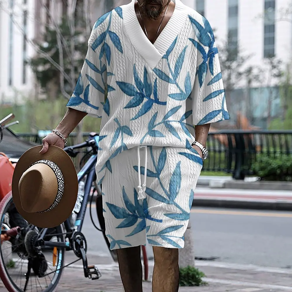 Nova moda masculina conjunto verão estilo havaiano solto plus size roupas masculinas folha impressão série shorts de manga curta conjunto de duas peças