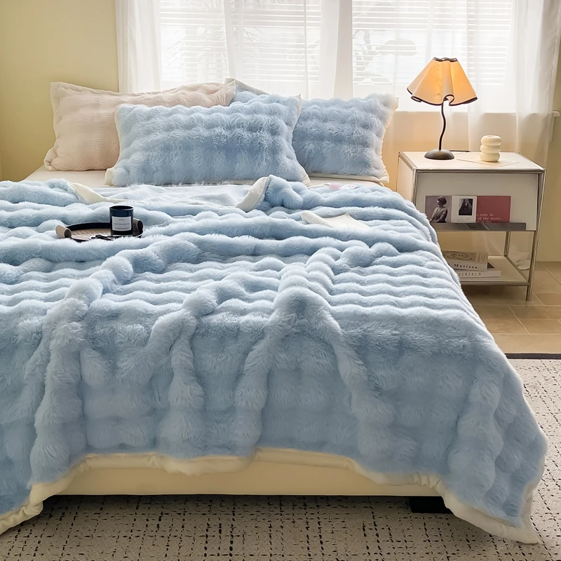 Winter Thickened Double-sided Plush Blanket, Bedroom Cover Blanket, Premium Rabbit Plush Bedding, Nap Blanket