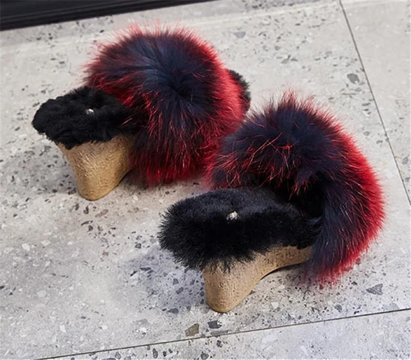 Fashion Red Fox Fur Women Platform Pumps Thick Sole Wedge Slippers Winter Warm Plush Mules 11CM High Heels Peep Toe Slides