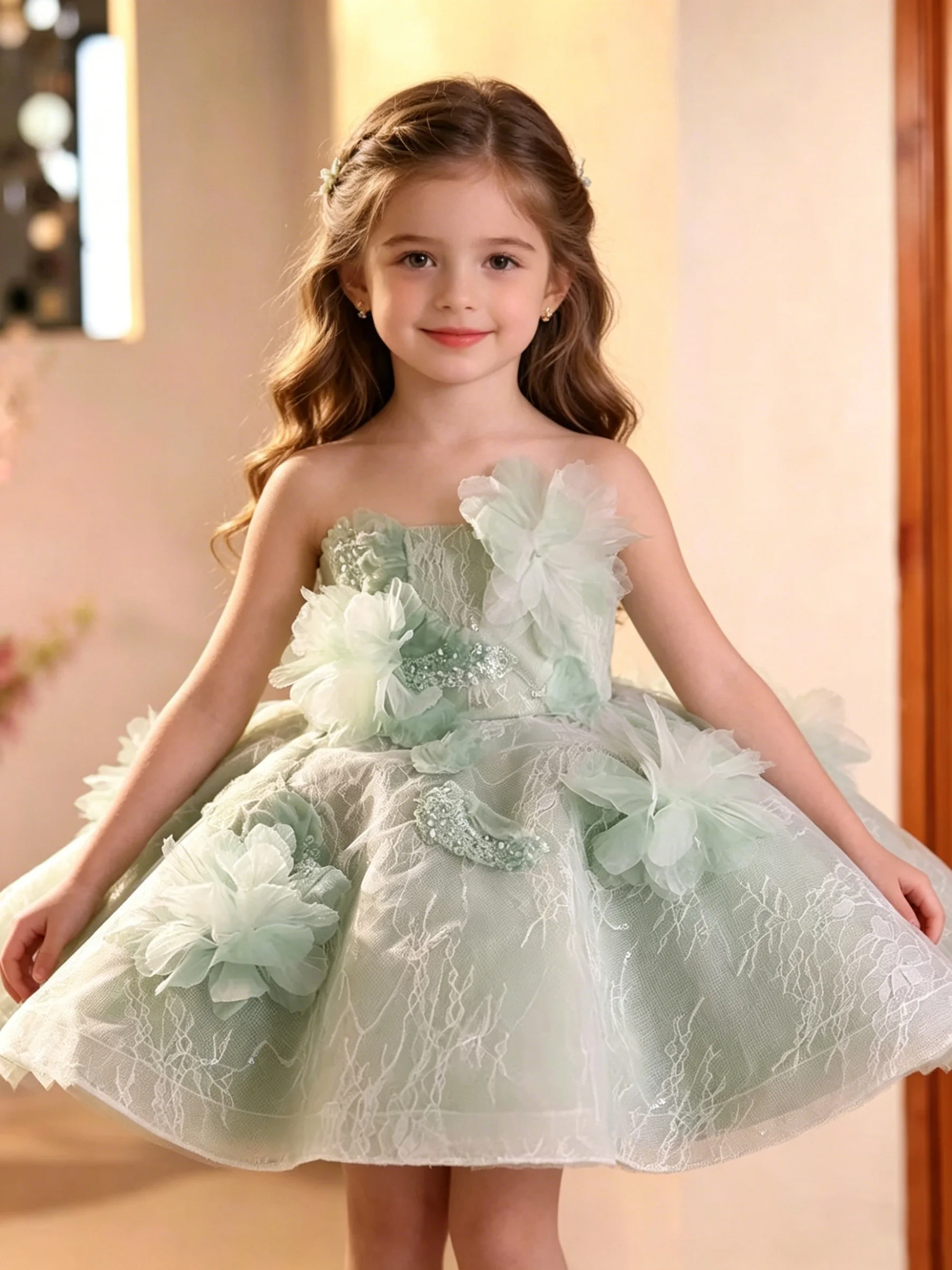 Toddler Girls Mint Green Flower Girl Dress Sleeveless Puffy Dress Baby Princess Birthday Party Wedding Girl Lace Tutu Gown