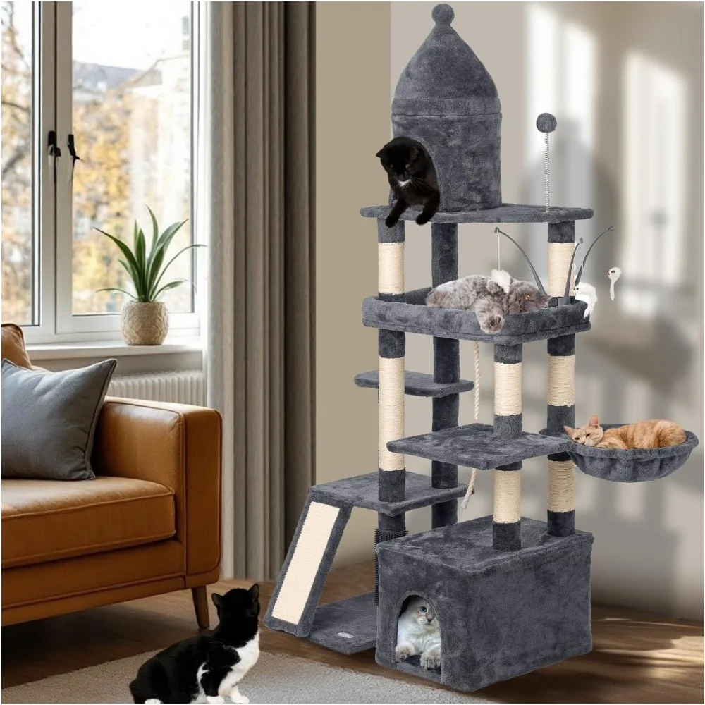 

Large Cat Tree Tower for Large Cats, Cat Scratching Post, Self Grooming Post, Interactive Cat Toys, Oversized Perch and Basket,