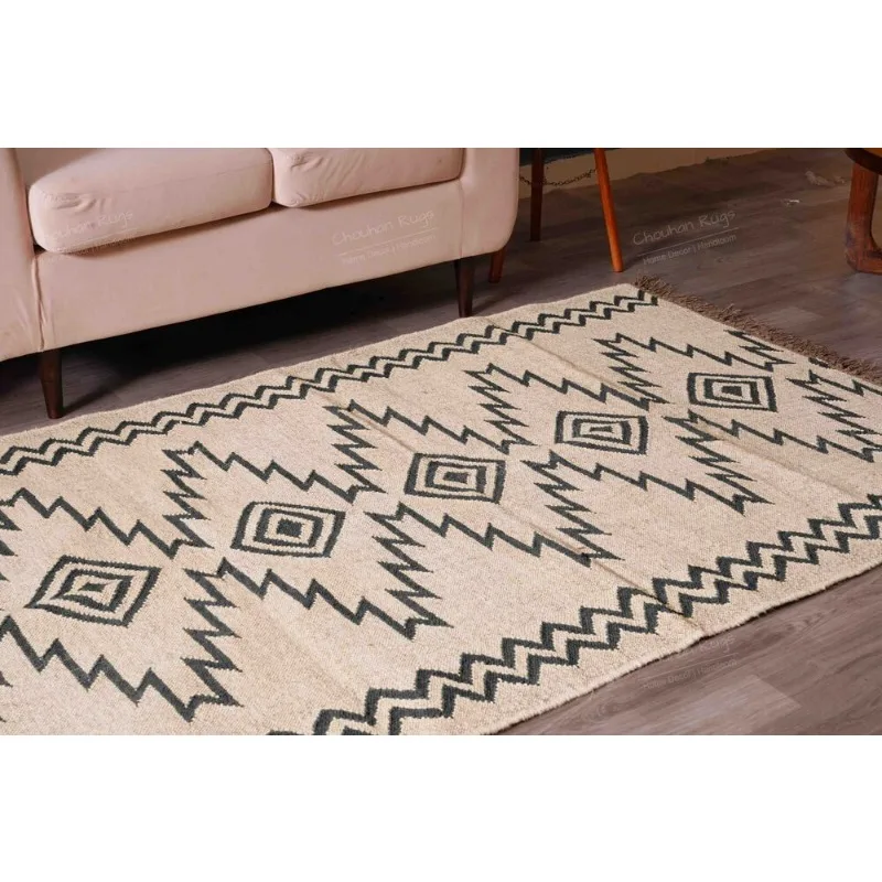 Handwoven Wool Jute Off White Kilim Rug with Black Design Rug for Living Room