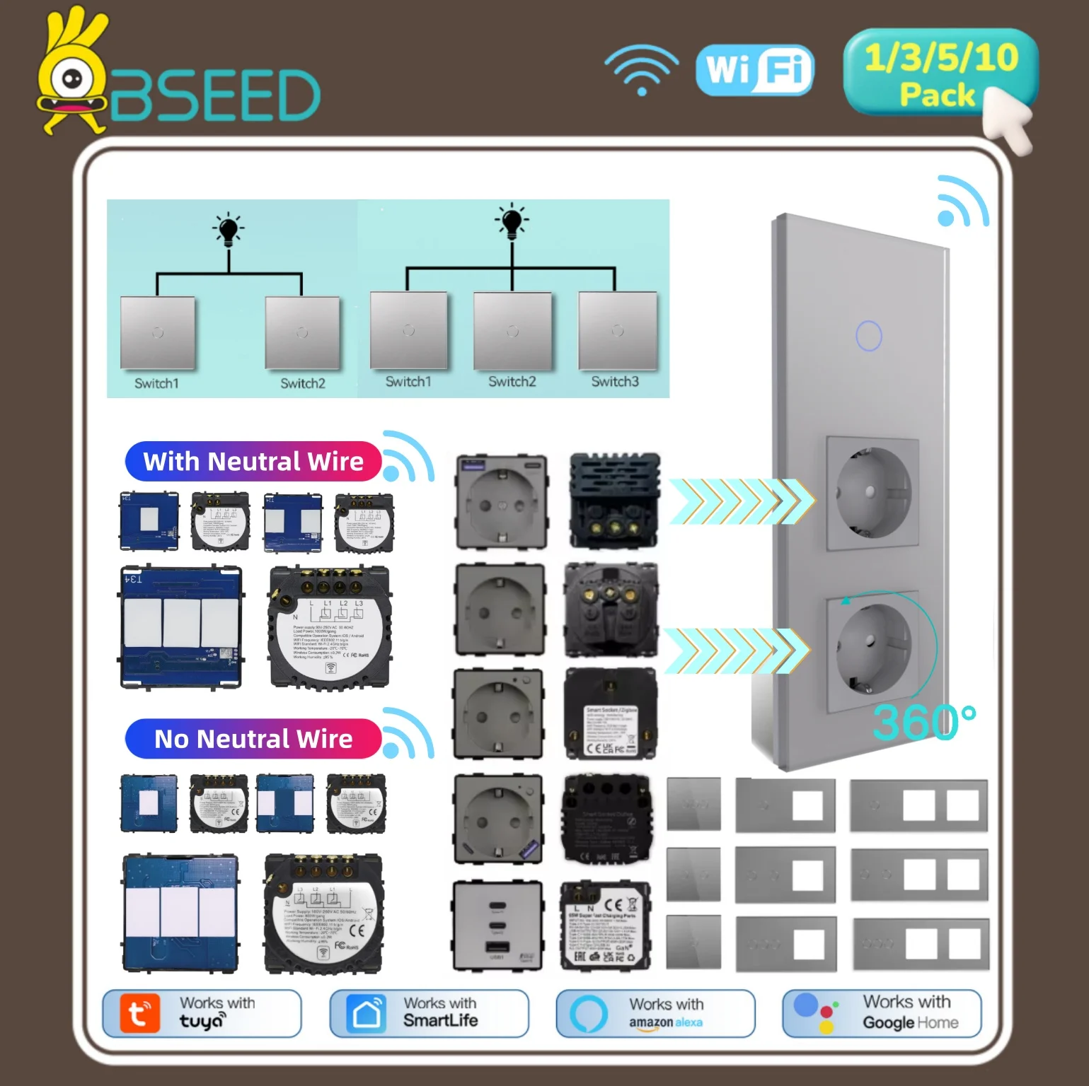 BSEED 1/2/3Gang WIFI Switch Module Parts EU Socket Plug Smart Stair Light Switch Insert APP Control Free Combination Glass Grey