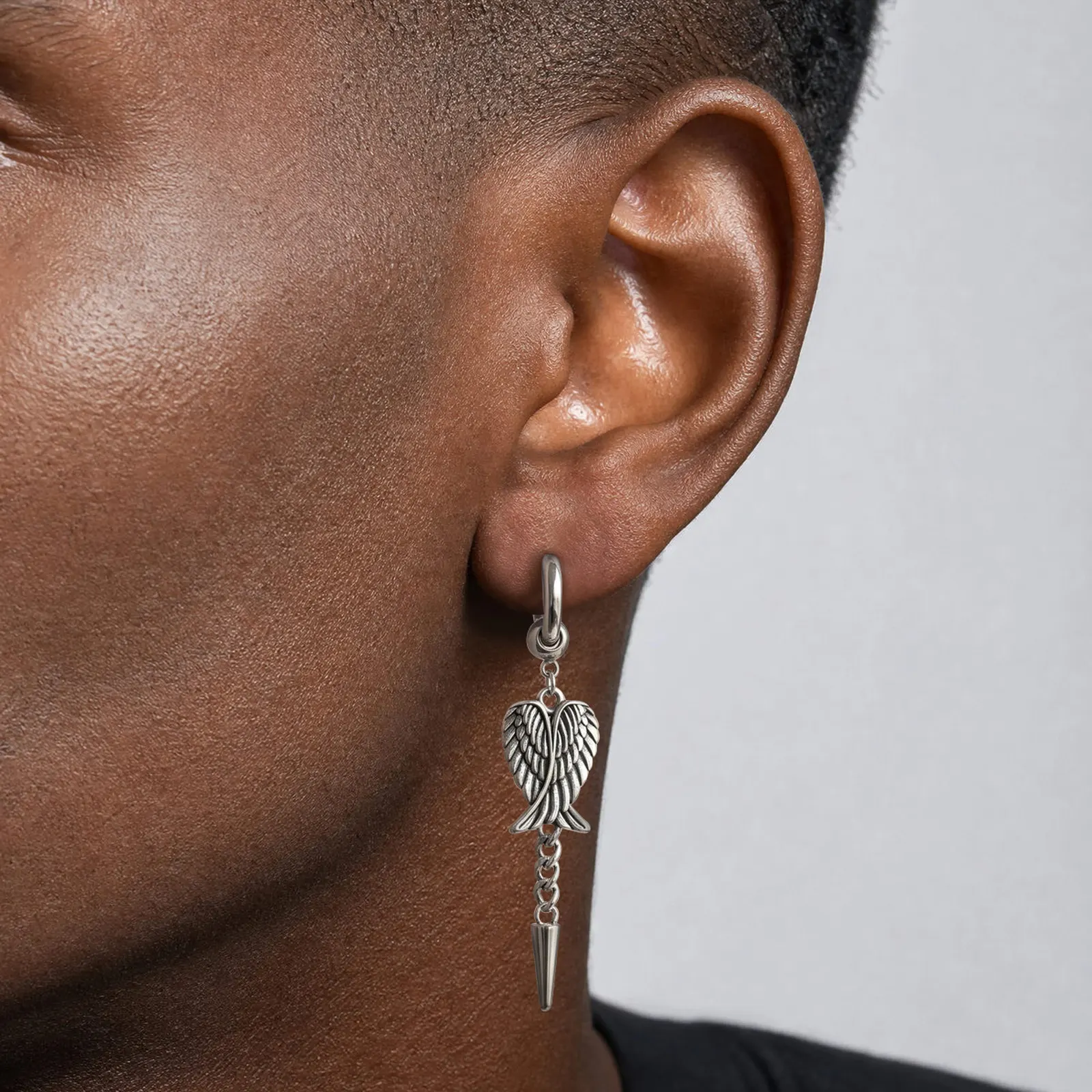 Punk-Flügel-Creolen für Männer, Vintage Edelstahl Lange Ketten-Ohrhänger, Antiallergische Durchstechbare Ohrringe Schmuck – Detail 6