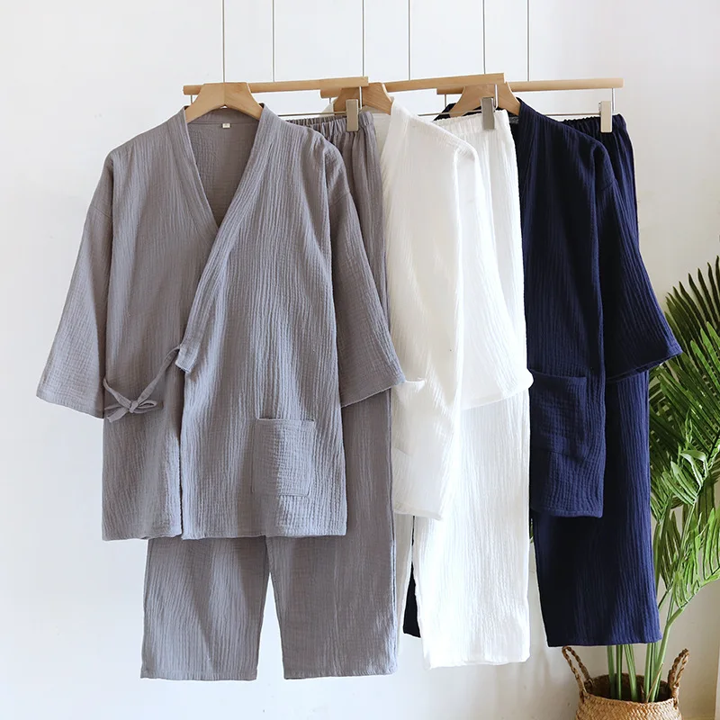 Primavera/outono japonês quimono pijamas masculinos pijamas masculinos gaze fina algodão rendas topo + calças soltas de duas peças homewear