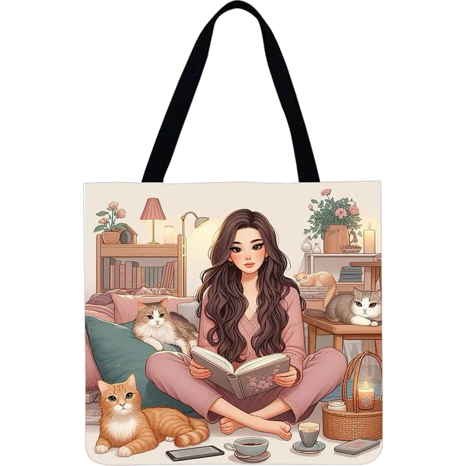 

4pcs Girl Large Capacity Linen Tote Bag