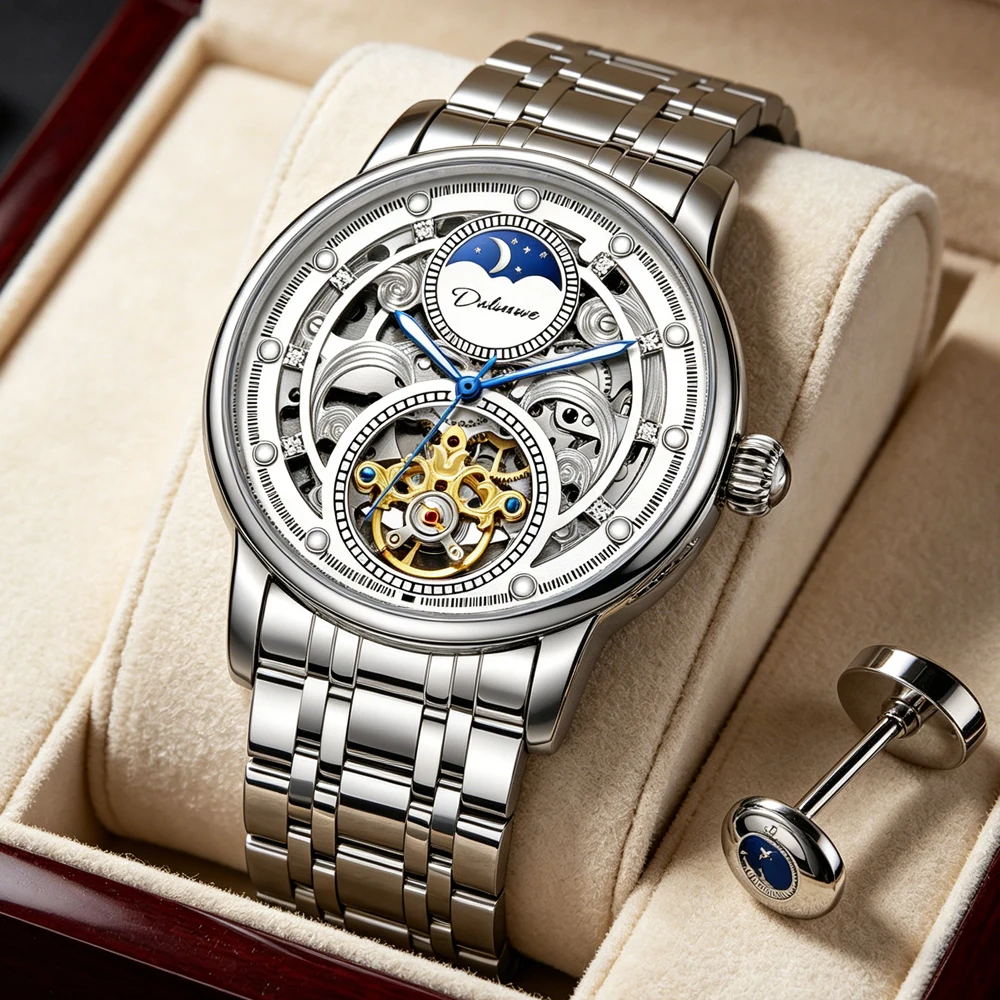 

New Skeleton Tourbillon Watches Mens Stainless Steel Waterproof Automatic Mechanical Watch for Men Fashion Hollow Business Watch